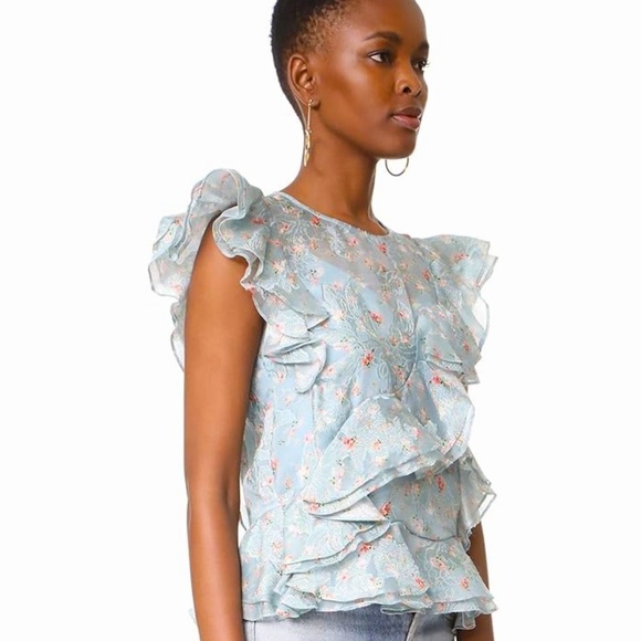 Rebecca Tayler Serra Floral Organza Ruffle Top Light Blue Silk Pattern - Picture 5 of 14